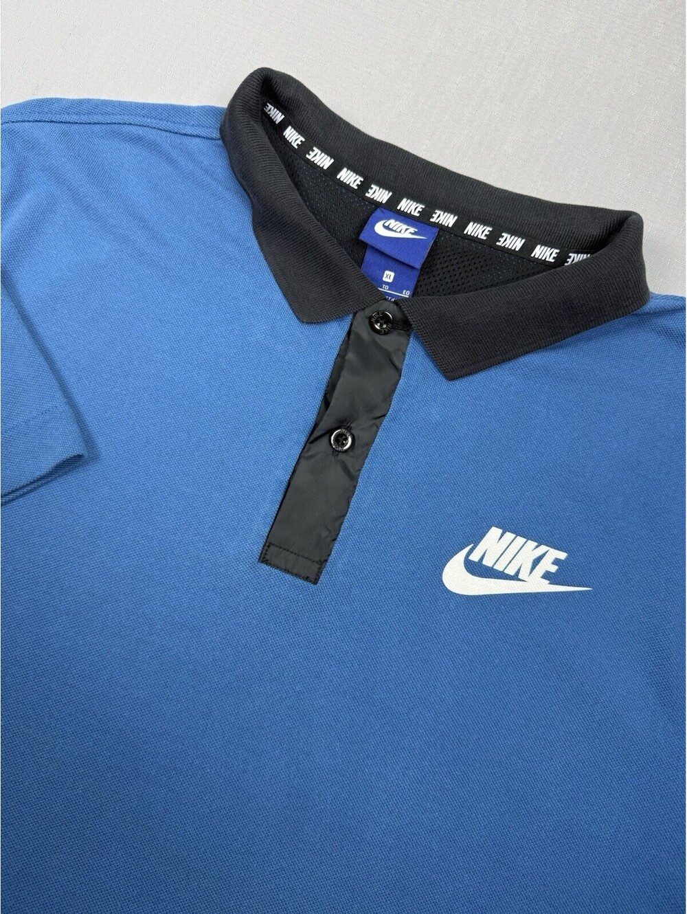 Nike Polo XL Vintage 90s Blue Black Collar Tennis Shirt Big Logo 100% Cotton